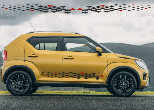 Yellow SUV with custom decals on a road with a scenic background