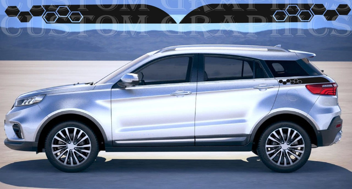 A silver SUV shown in a side profile view against a stylized blue and gray background with a hexagonal graphic at the top. The image appears to be a digital mockup or render rather than a standard retail product photo.