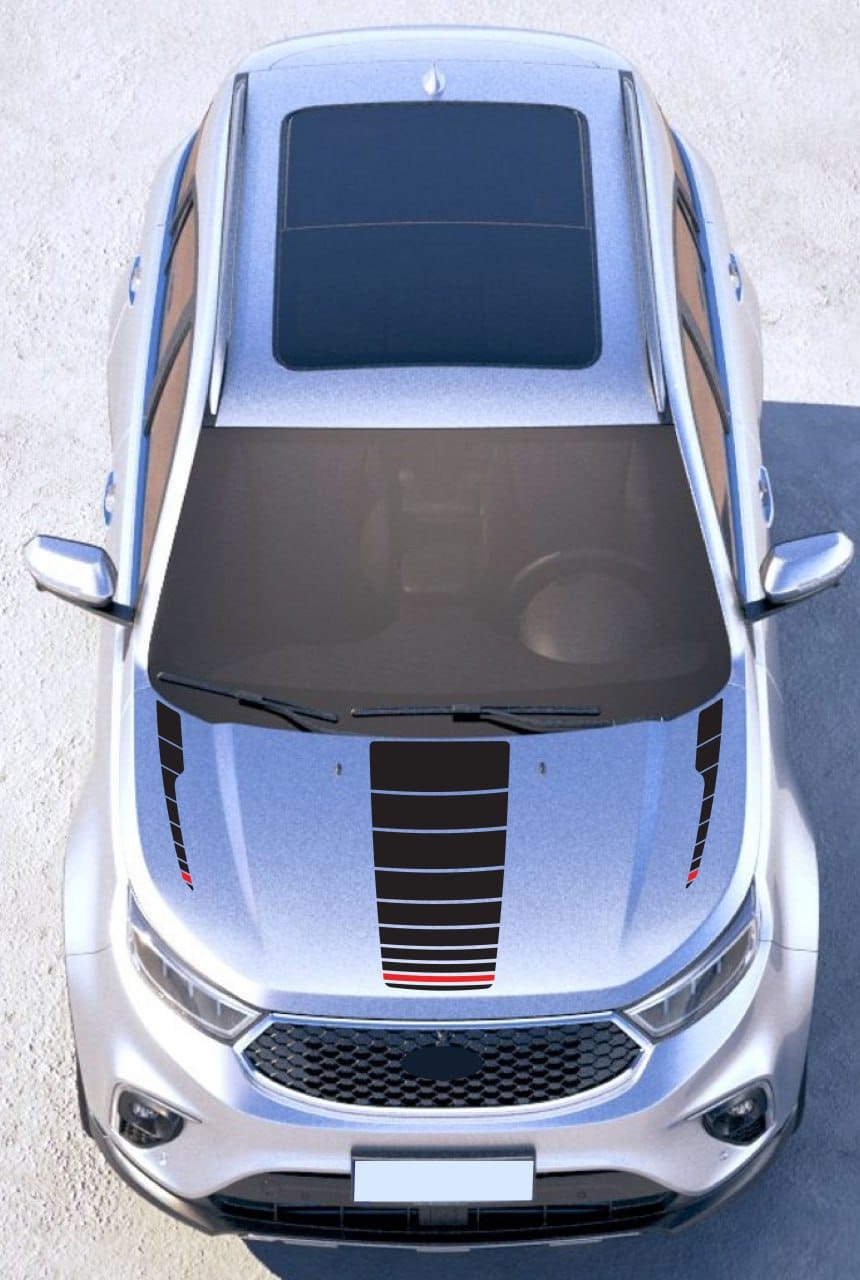 A silver SUV shown from a top-down view, with black decorative hood decals applied. The decals feature a wide vertical black stripe on the center hood with thin red accent lines at the edges.