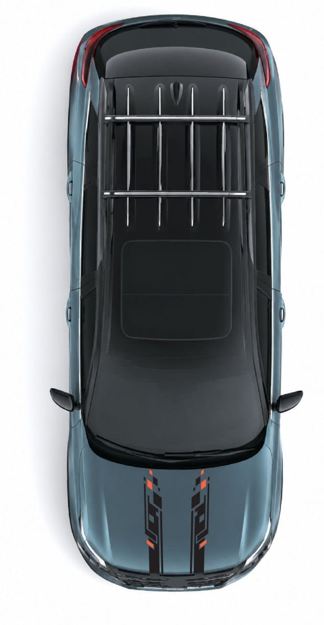 Top-down view of a metallic blue-gray SUV with a black roof rack and black hood stripes, isolated on a white background.