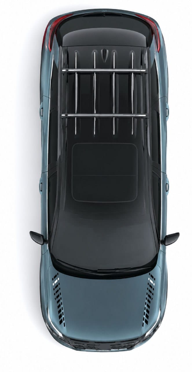 Top-down view of a metallic blue-gray SUV with a black roof rack and dark tinted sunroof, isolated on a white background.