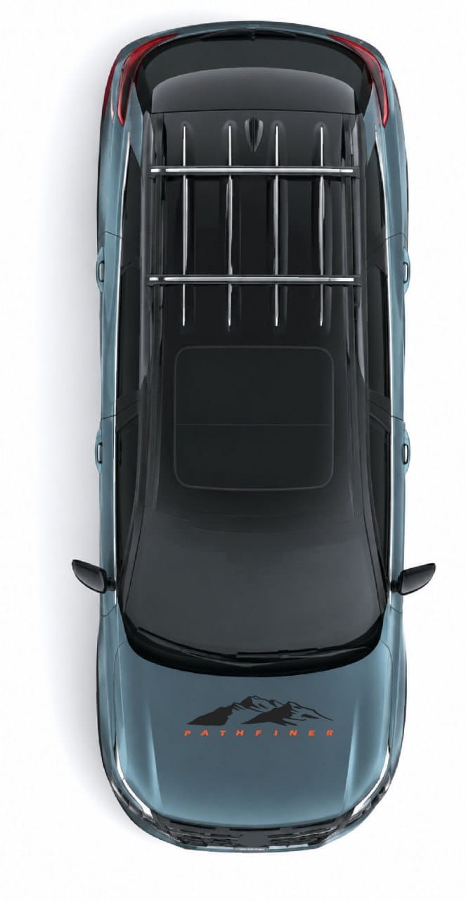 Top-down view of a blue-gray SUV with a black roof rack and a dark sunroof, featuring a mountain logo and 'OUTPIN' text on the hood, isolated on a white background.
