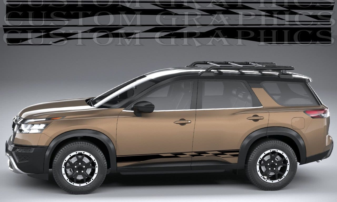 A side view of a tan and black SUV with custom black and white checkered graphics along the lower side, set against a gray studio background with a watermark at the top.