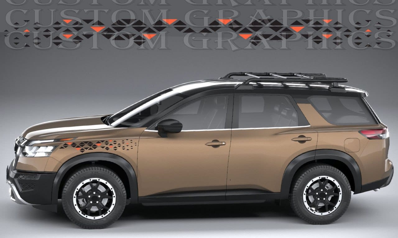 A side view of a custom SUV featuring a metallic bronze-brown paint job, black roof rack, black wheels with silver rims, and custom black graphic decals on the front wheel arches, set against a gray studio background with a watermark.