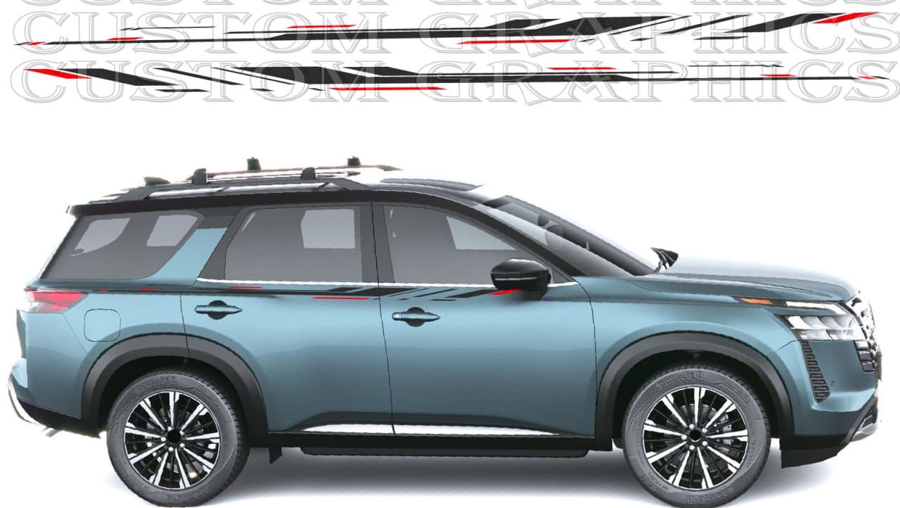 A side view of a blue-gray SUV on a white background with a large semi-transparent watermark reading 'CUSTOM GRAPHICS' across the top. A thin red and black graphic decal strip is shown above the vehicle, indicating the product is a vehicle wrap or decal design.