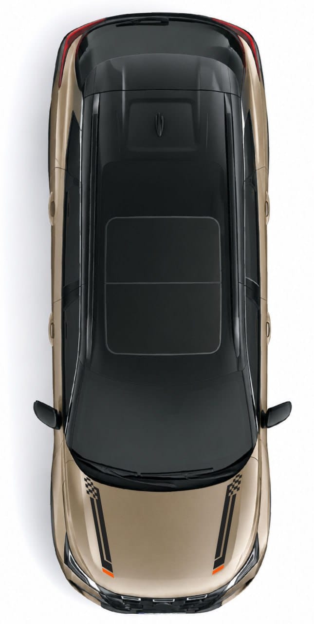 Top-down view of a metallic champagne-gold vehicle with a large black roof and sunroof, isolated on a white background.