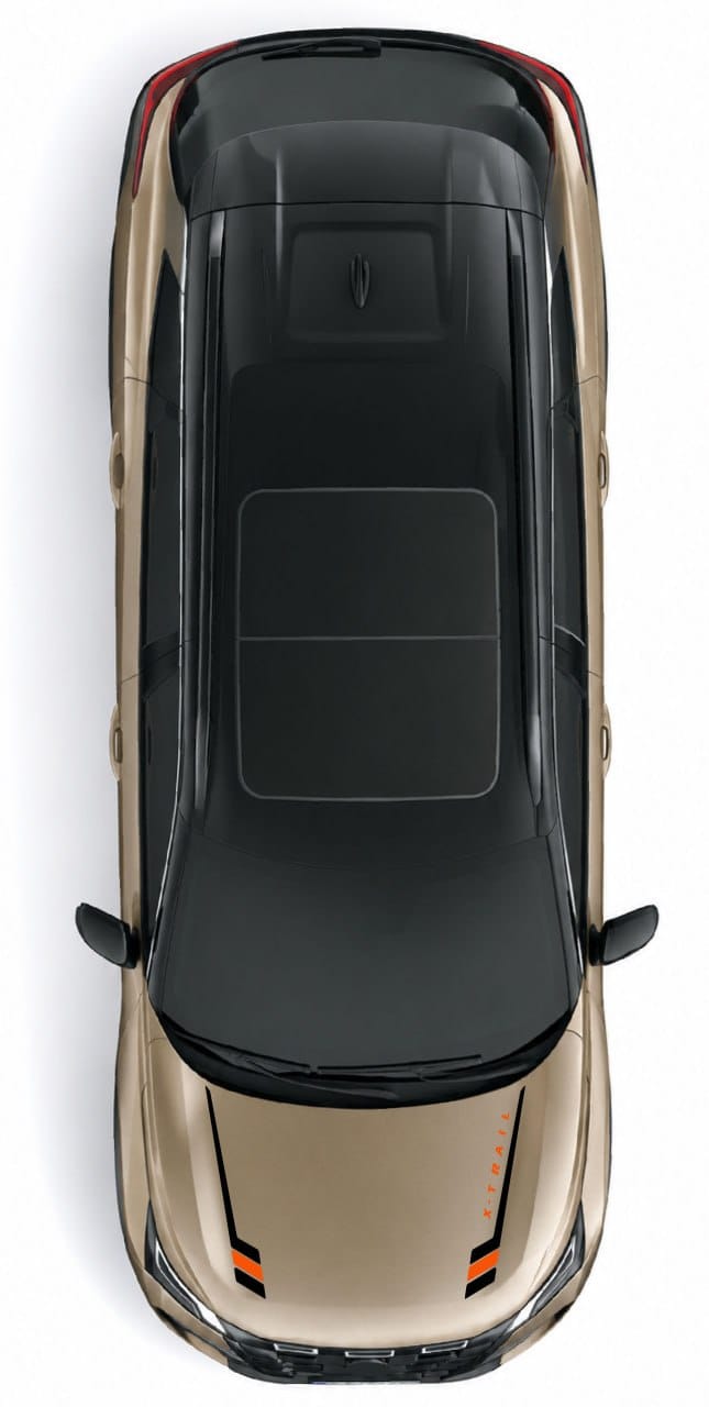 Top-down view of a metallic champagne gold SUV with a large black panoramic sunroof, isolated on a white background.