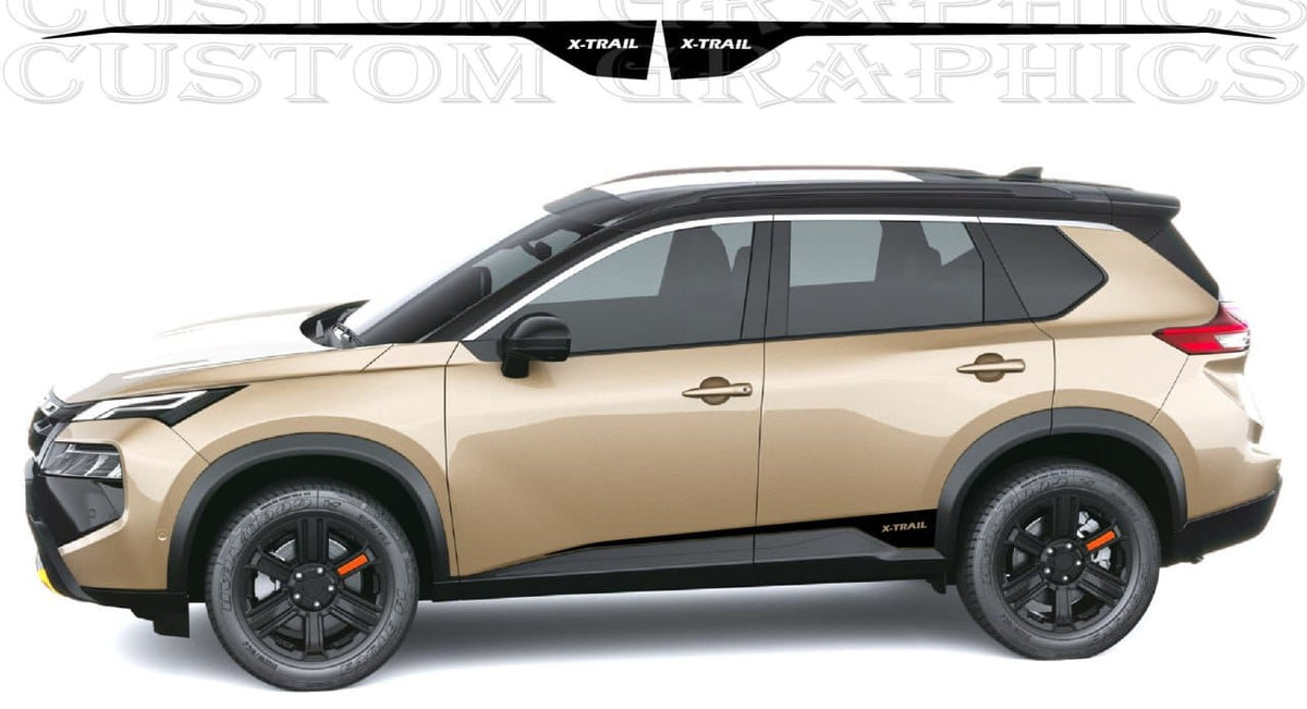 A side view of a beige and black SUV with custom black graphics decals on the roof and side, shown against a white background with a watermark at the top.