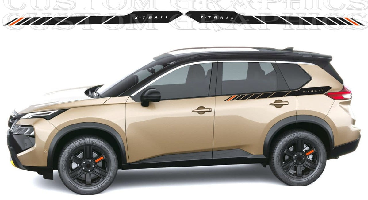 A side view of a beige SUV with black trim and a black-and-orange X-Trail graphic decal strip applied along the rear side window area, shown on a white background with a decal template above.