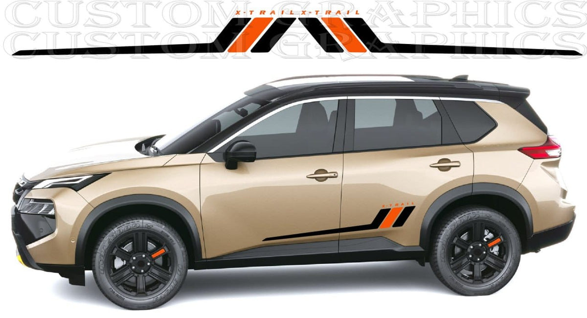 A side view of a beige SUV with black and orange custom vinyl decals applied along the lower side and rear quarter panel, shown against a white background with a large decal graphic at the top.