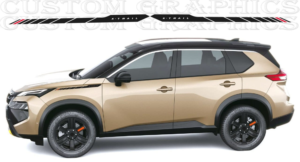 A side-view studio rendering of a beige SUV with black trim and wheels, shown against a white background with a large 'Custom Graphics' watermark across the top. A black decal strip labeled 'S-Trail' is positioned above the vehicle, suggesting the product being sold is the decal rather than the car itself.