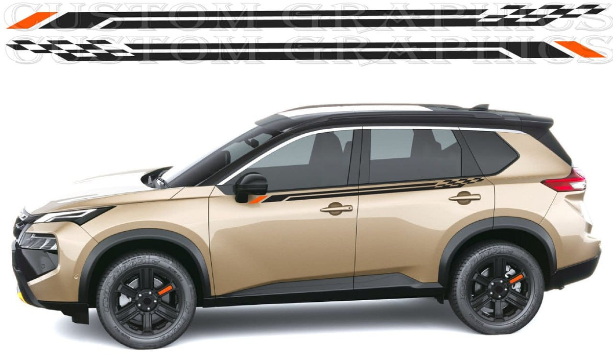 A side view of a beige SUV with black trim and decals, shown on a white background with a graphic of the decal design above it.