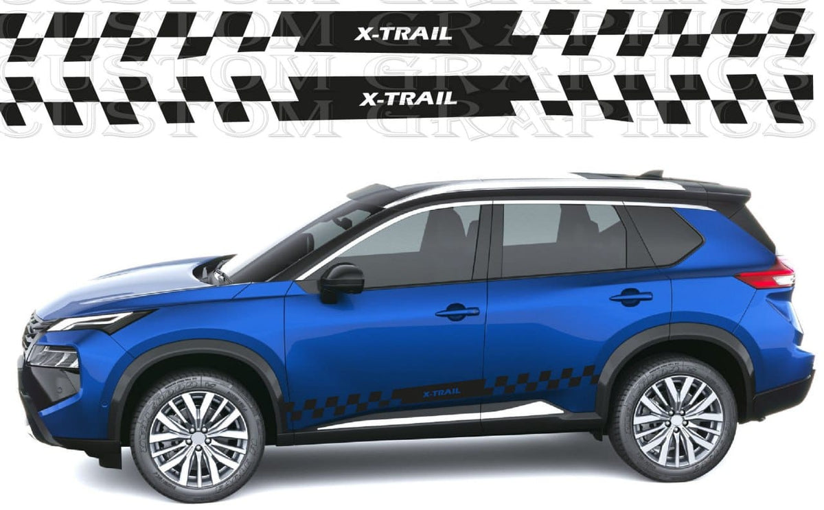 Blue SUV shown in side profile with black-and-white checkered X-Trail themed decals applied along the lower side and roof, plus two matching decal designs displayed above on a white background.