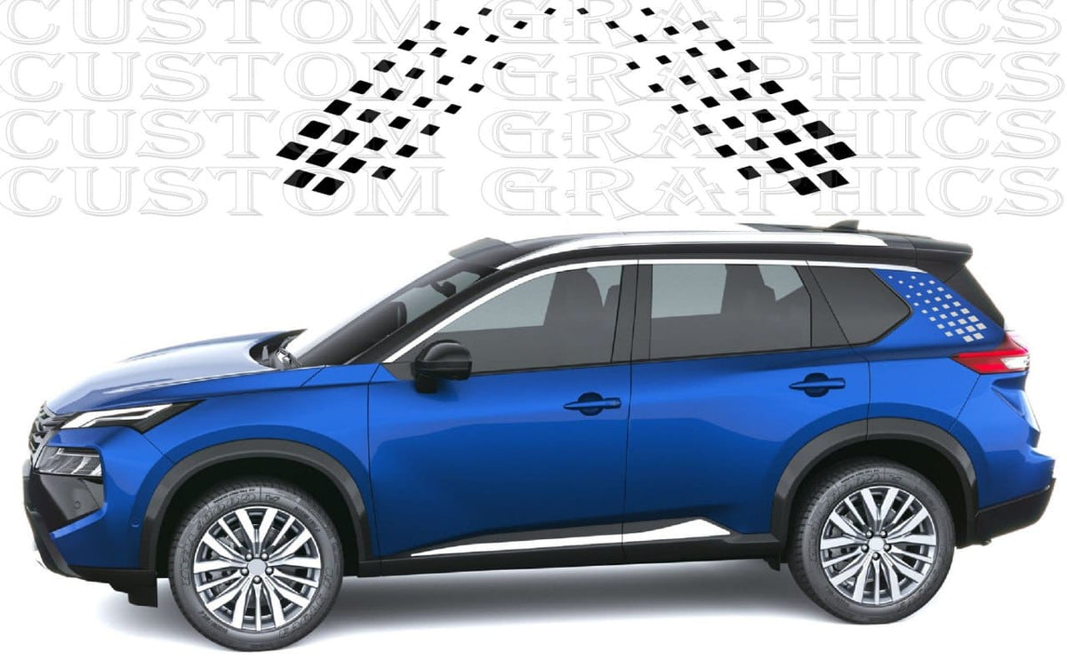 A blue SUV shown in side profile on a white background, with a black-and-white checkered flag graphic above it and a faint repeated 'CUSTOM GRAPHICS' watermark across the image.