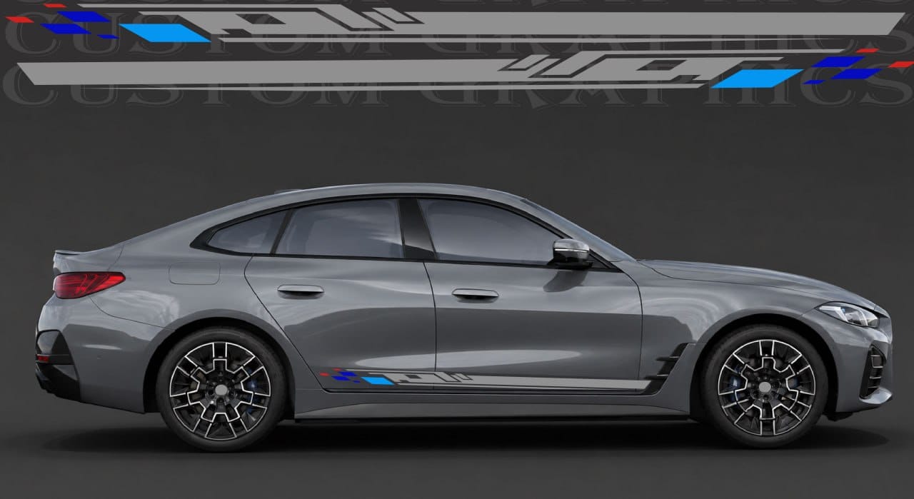 A side view of a gray BMW sedan with custom blue and black graphic decals applied along the lower side and rear quarter panel, shown against a dark gray studio background with a larger decal preview at the top.