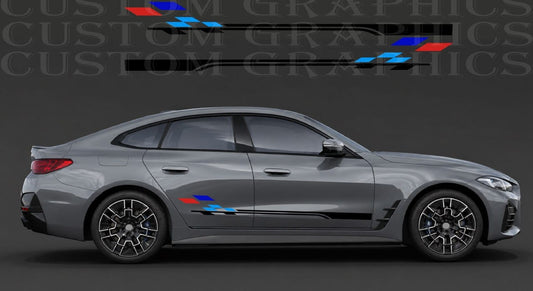 A gray BMW sedan shown in side profile on a dark studio background, with a blue, red, and black M-style side decal applied near the rear door. A faint repeated 'CUSTOM GRAPHICS' watermark is visible across the background.