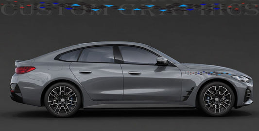A side profile view of a gray BMW sedan with a custom blue and red graphic decal applied to the front fender and wheel arch area, set against a dark gray studio background.