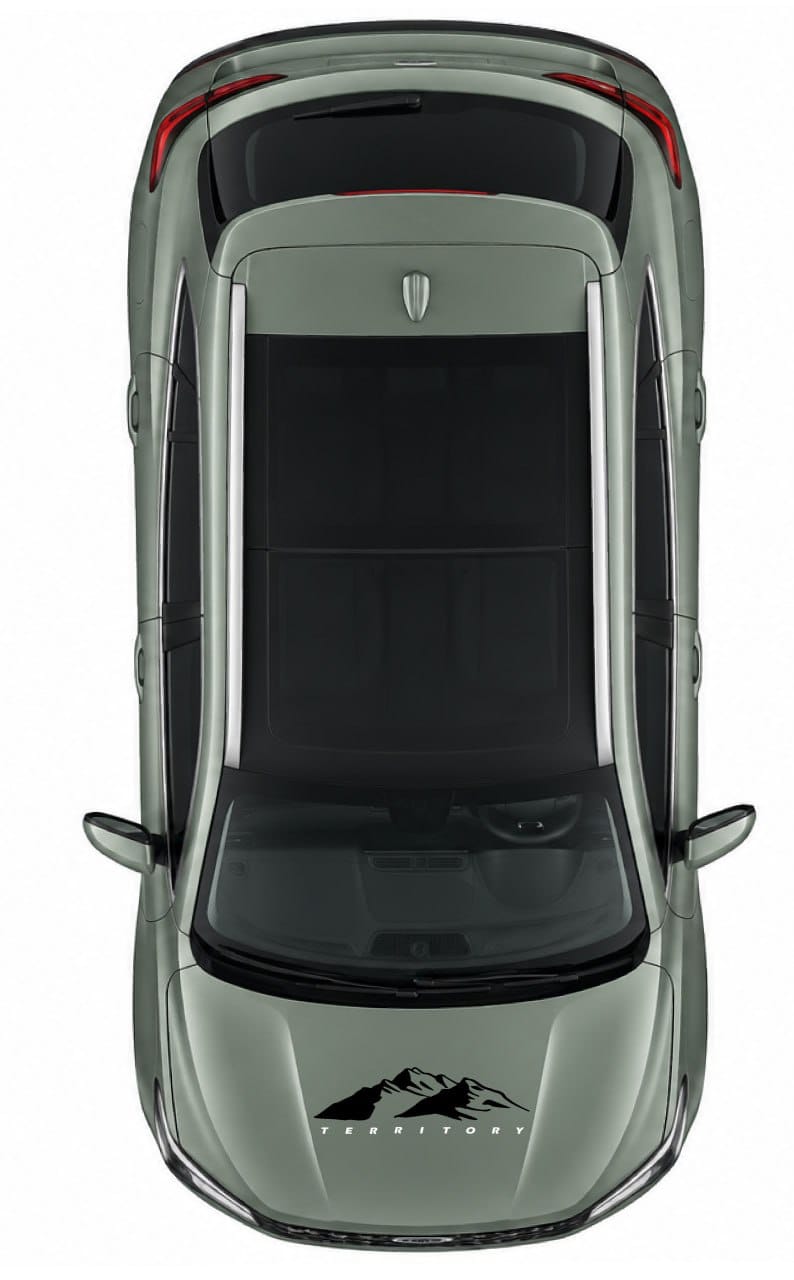 Top-down view of a silver SUV with a black mountain graphic and 'TERRITORY' text on the hood, isolated on a white background.