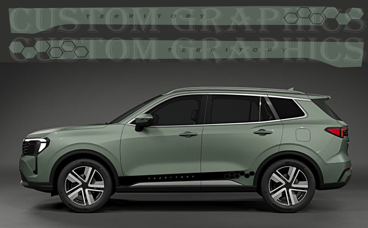 Side profile of a sage green SUV with a black side stripe and custom decals, shown against a dark gray studio background with a watermark at the top.