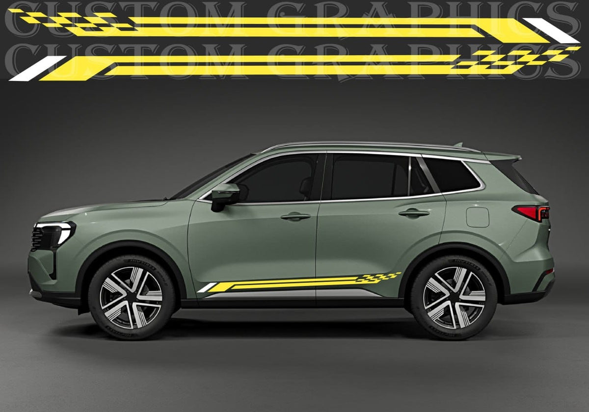 A side view of a sage green SUV with yellow and black racing-style decals applied along the lower side and a larger decal shown above on a dark gray studio background.