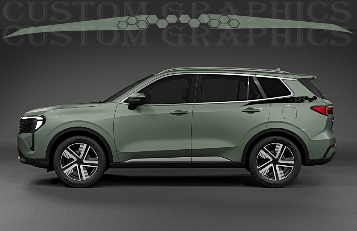A side profile view of a sage green SUV with custom vinyl decals applied to the roof and upper doors, shown against a dark gray studio background with a watermark.