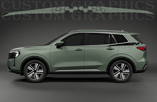 A side profile view of a sage green SUV with custom vinyl decals applied to the roof and upper doors, shown against a dark gray studio background with a watermark.