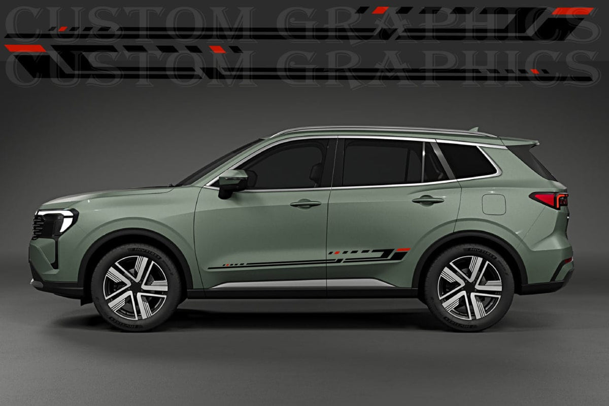 A side view of a sage green SUV with custom black and red graphics along the lower side panels, set against a dark gray studio background with a watermark at the top.