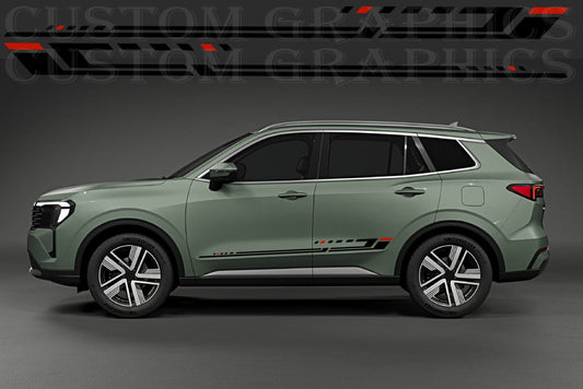 A side view of a sage green SUV with custom black and red graphics along the lower side panels, set against a dark gray studio background with a watermark at the top.