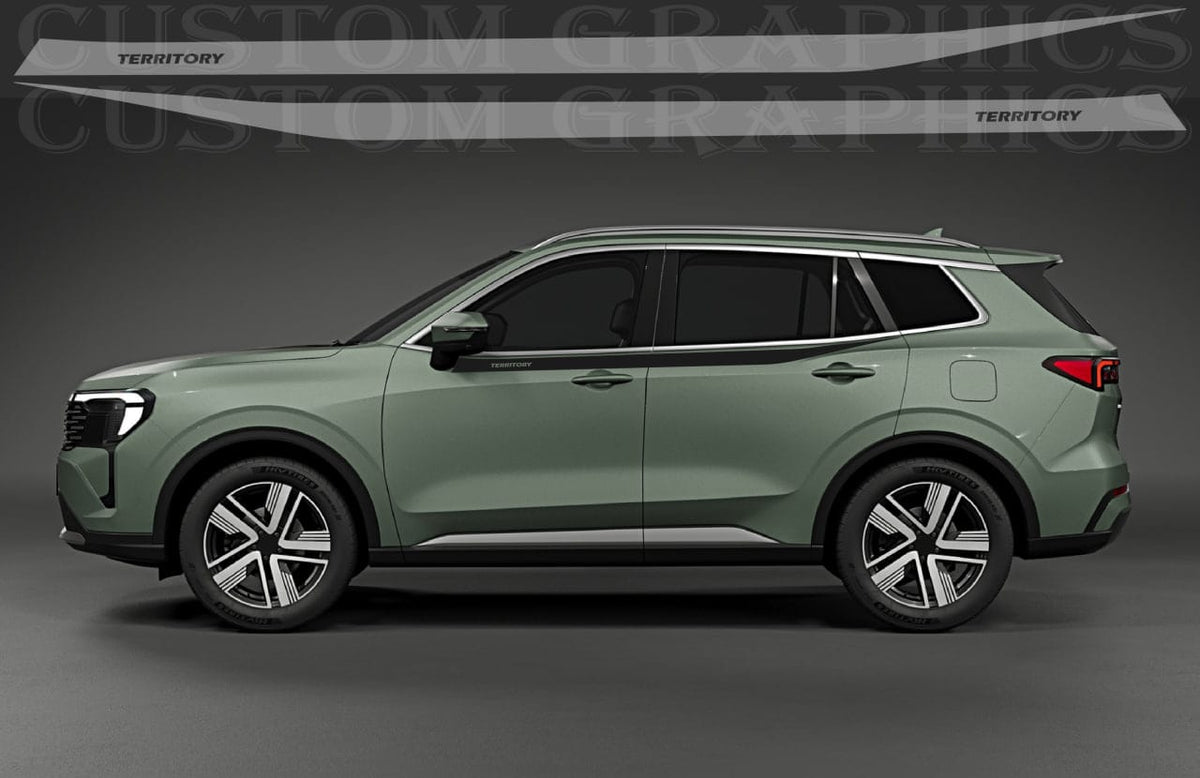A side-view studio render of a compact SUV in a muted sage green color, shown against a dark gray gradient background with a faint 'Custom Graphics' watermark across the top.