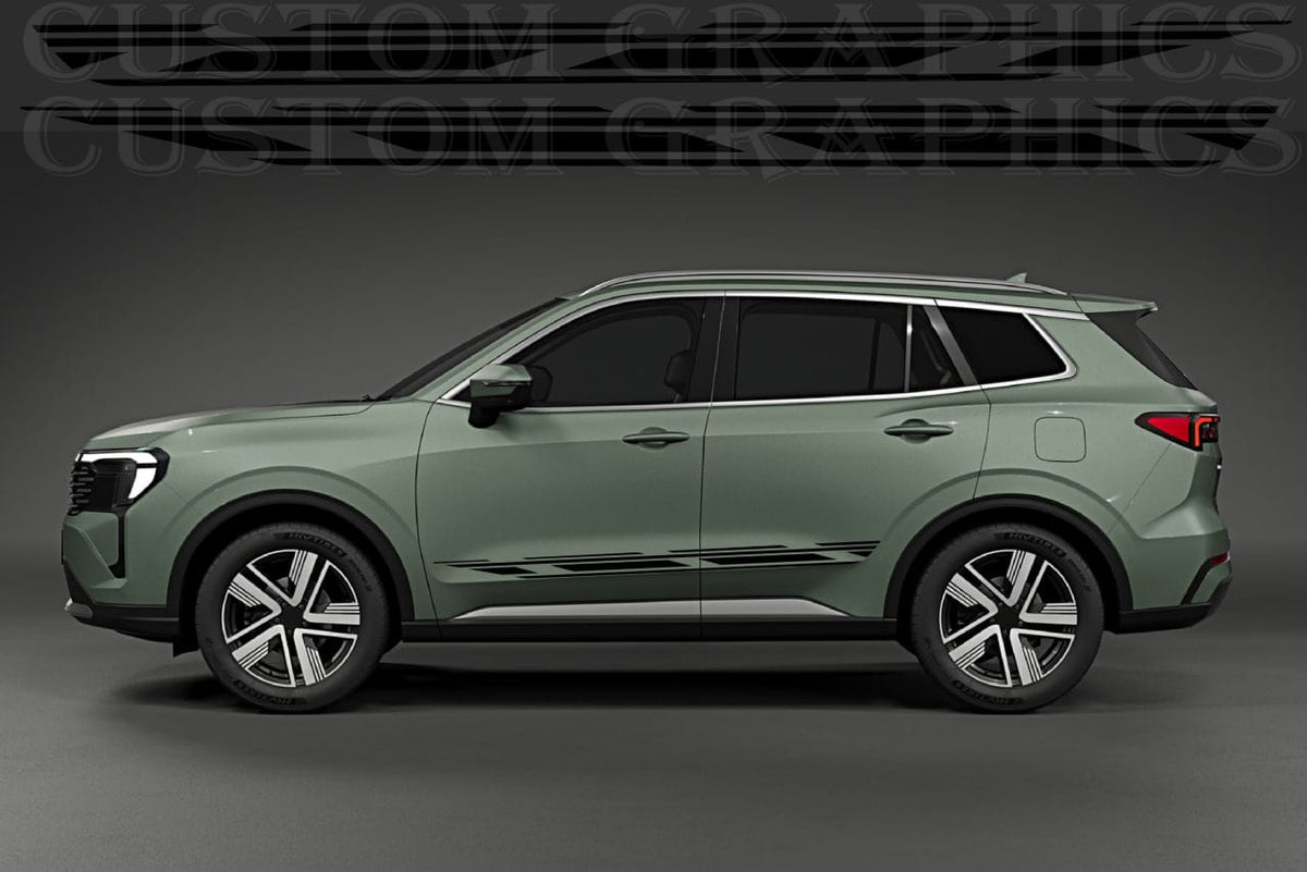 A side profile view of a sage green SUV with custom dark gray graphics along the lower side panels, set against a dark gray studio background with a faint watermark.