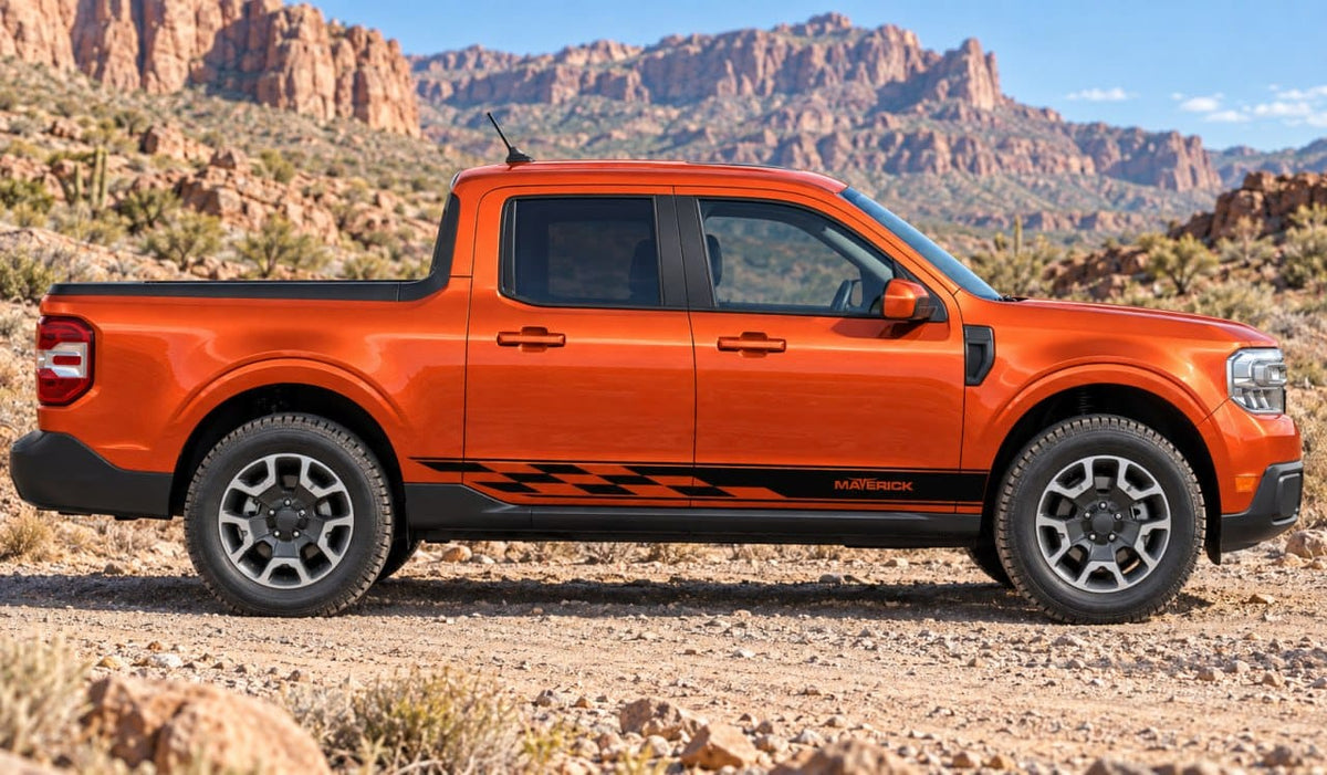 Orange Ford Maverick with black geometric side stripe decals, photographed against a rocky desert landscape.