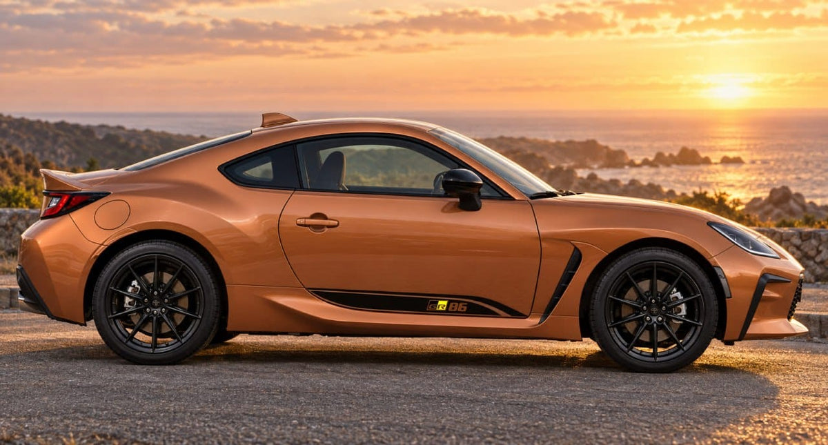 A metallic copper-orange sports coupe parked outdoors on a road at sunset, with the ocean and rocky coastline visible in the background.