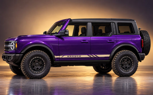 A purple Ford Bronco SUV with black wheels, black trim, and a spare tire mounted on the rear side, photographed in a studio setting with a warm gradient background.