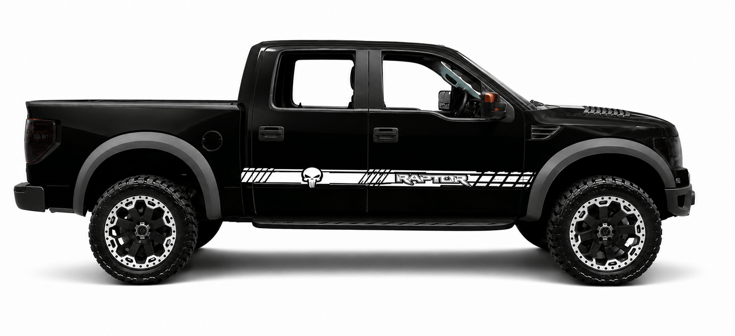 Black pickup truck with white graphics on a white background