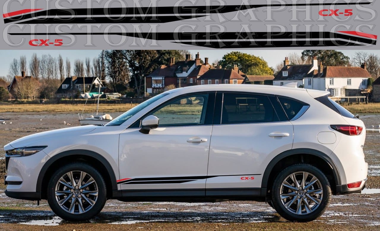 A white Mazda CX-5 SUV with black vinyl stripes decals on the sides, displayed against an outdoor background.