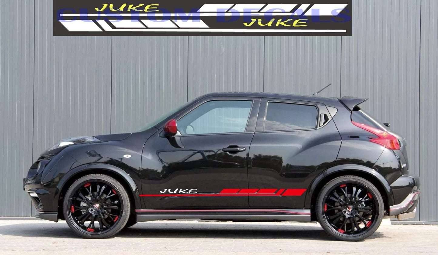 A black Nissan Juke hatchback with two-tone vinyl decals on the sides, featuring a design that includes the word 'JUKE' prominently displayed.