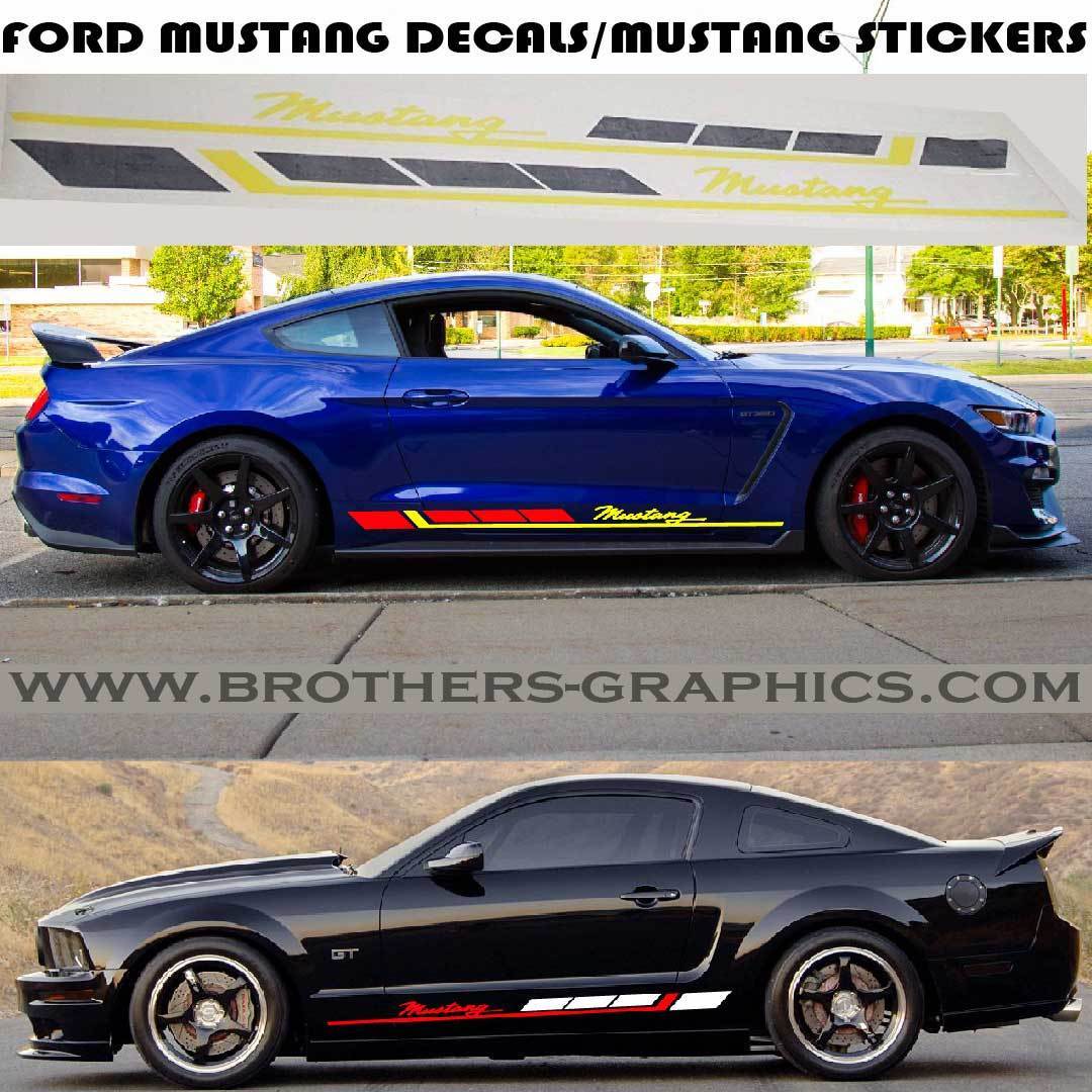 A collage of images showing a Ford Mustang car with different decal designs. The top image features a blue Mustang GT350 with a stripe decal on the side, while the bottom left shows a black Mustang with a similar decal.