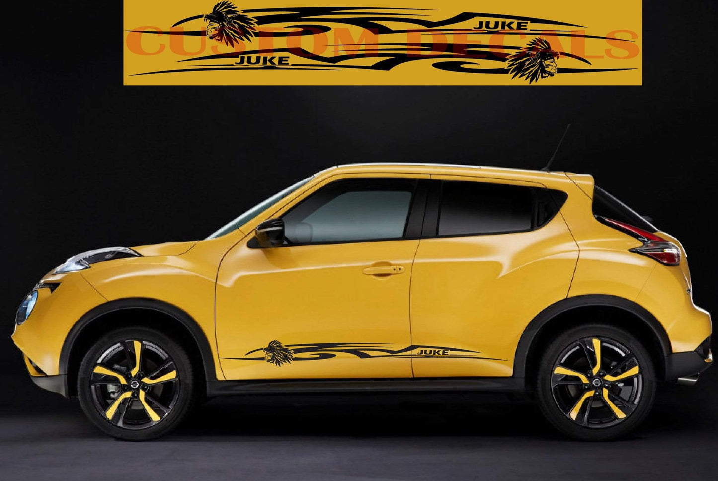 A yellow Nissan Juke car with premium vinyl stickers featuring a geometric design, displayed against a dark background with a 'Comments' sign in the background.